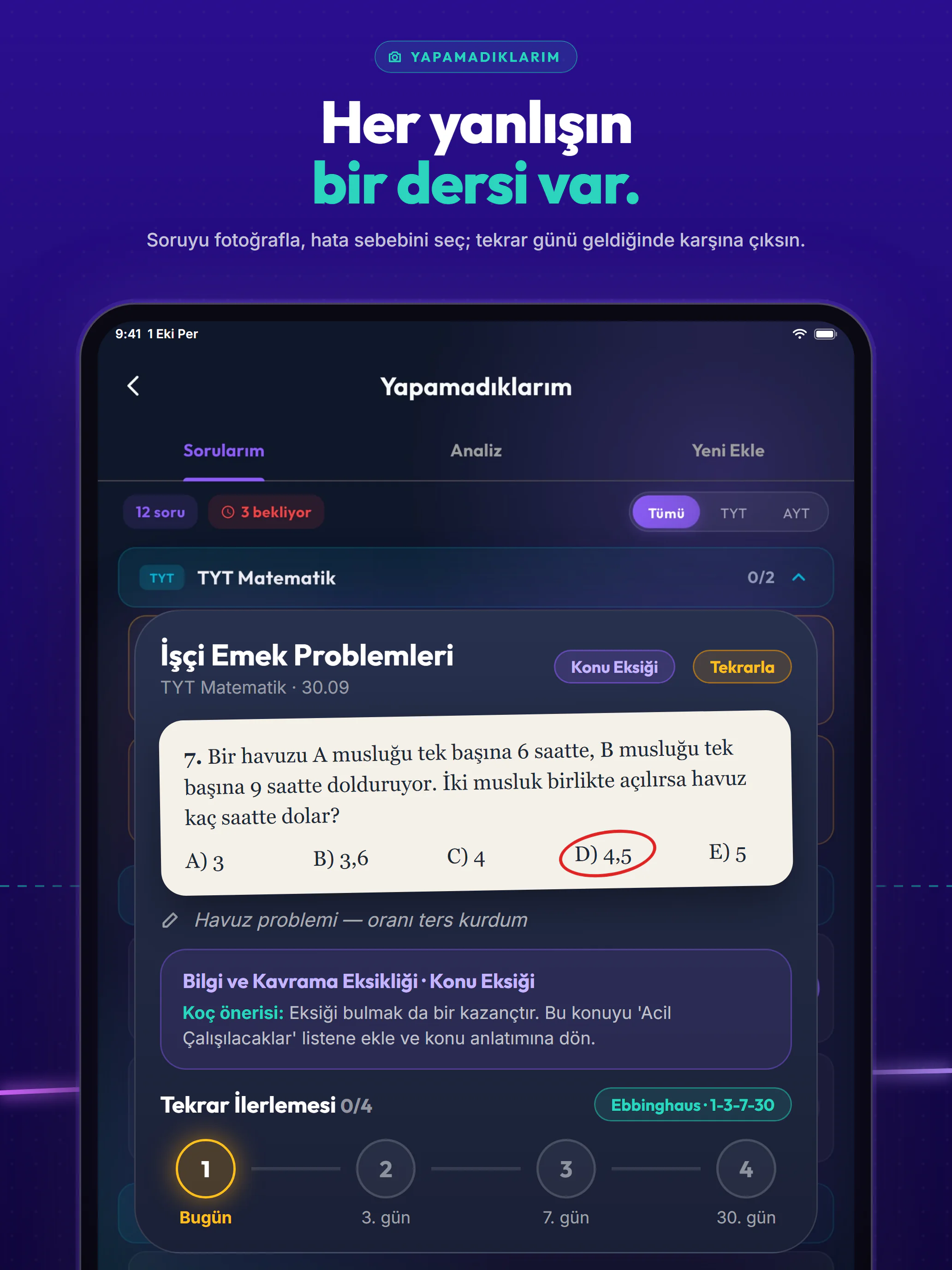 Takip+ YKS mağaza görseli, iPad: Her yanlışın bir dersi var.