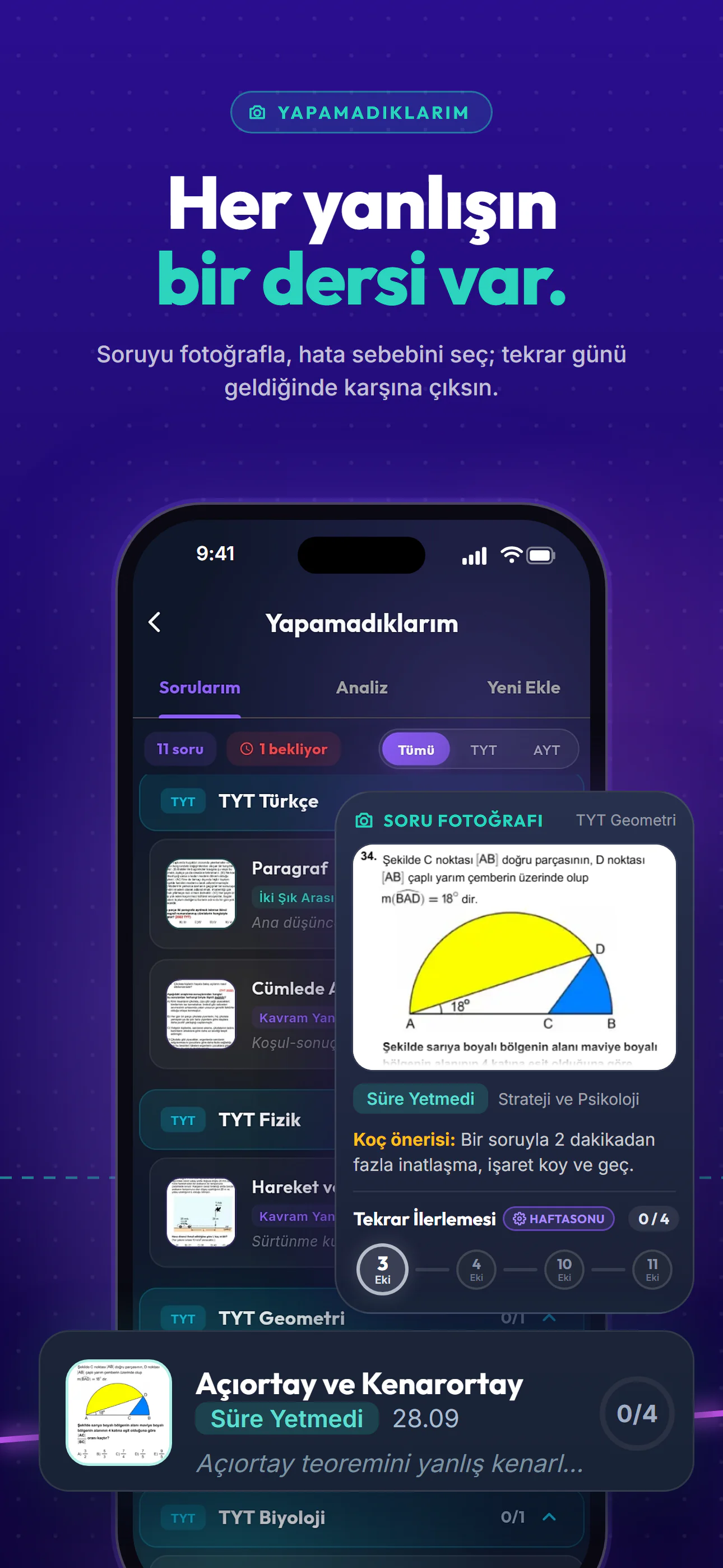 Takip+ YKS mağaza görseli, iPhone: Her yanlışın bir dersi var.
