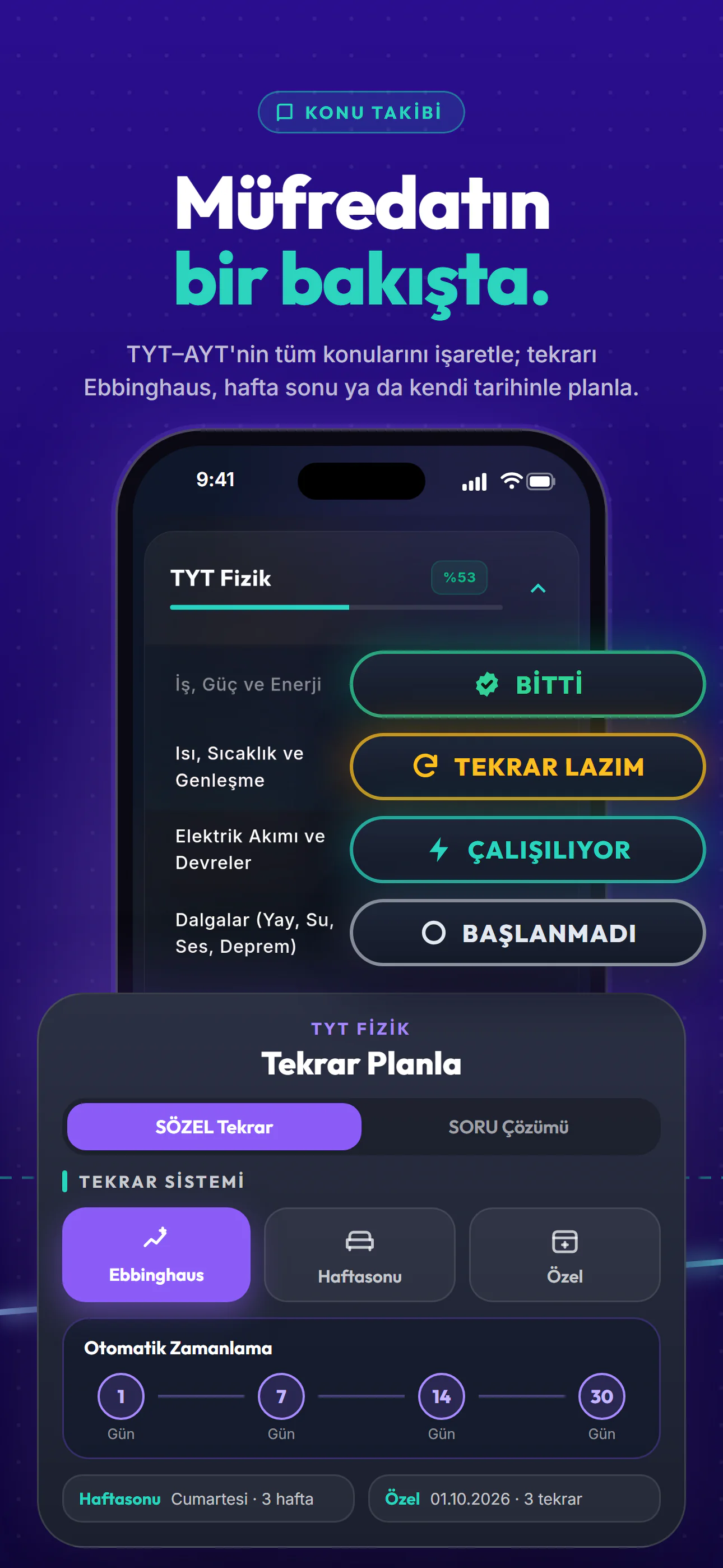 Takip+ YKS mağaza görseli, iPhone: Müfredatın bir bakışta.
