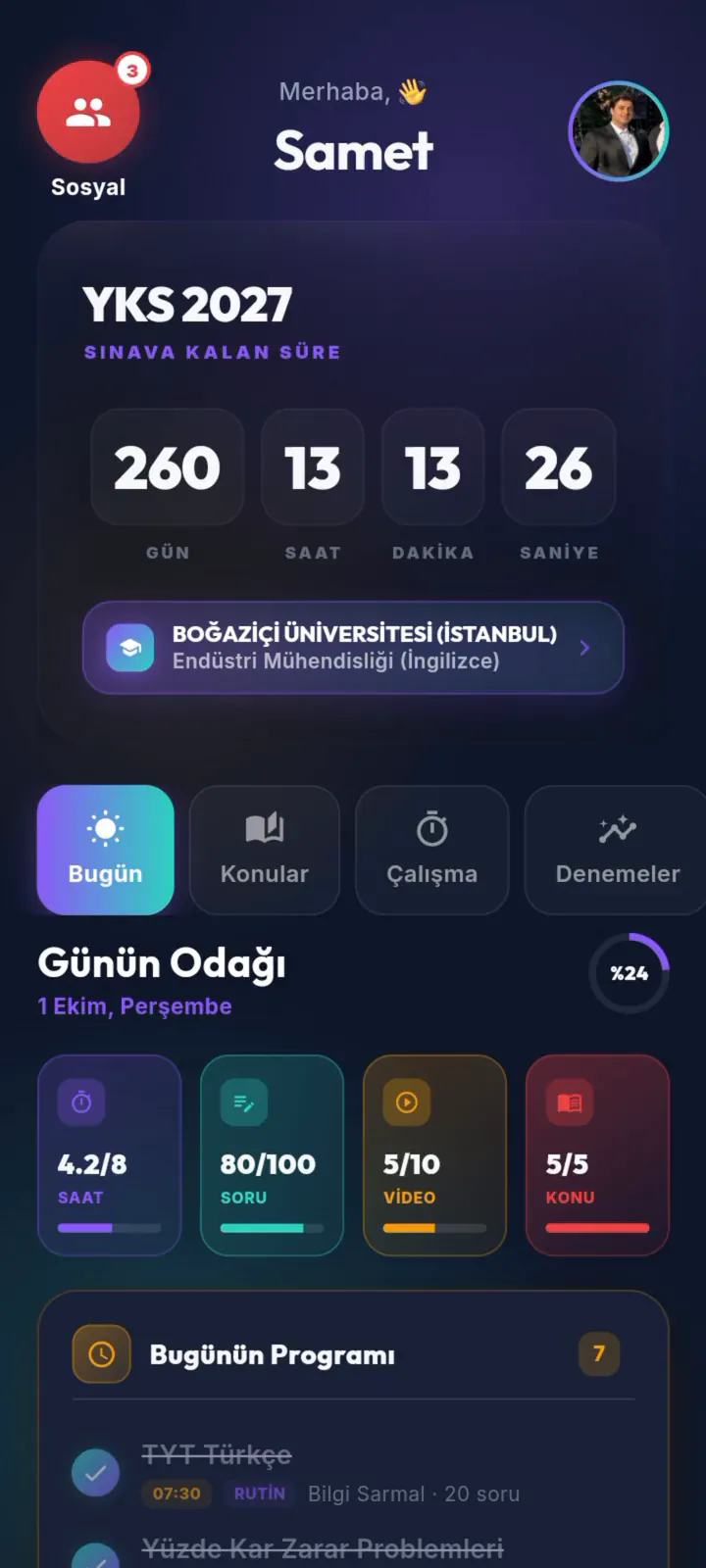 Bugün sekmesi: YKS 2027 sayacı, Günün Odağı ve Bugünün Programı